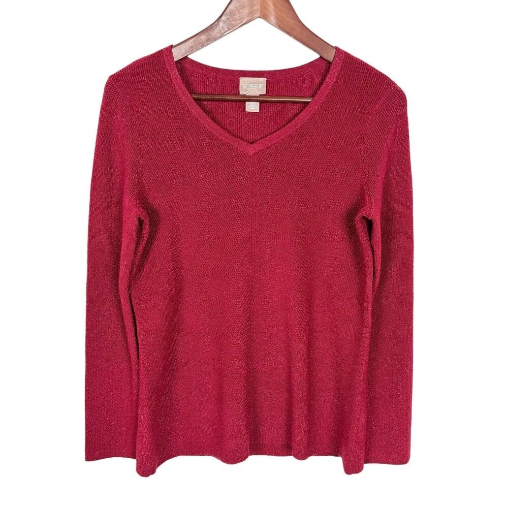 Chico's Red Sparkle Ribbed Sweater 0 Women's US Small V-Neck
